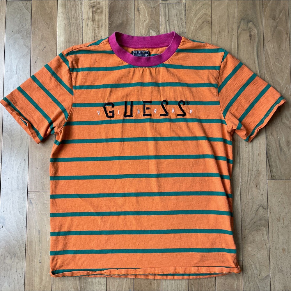 Guess x J Balvin Vibras T Shirt Mens Medium Stripe Crewneck Colorful‎ Orange